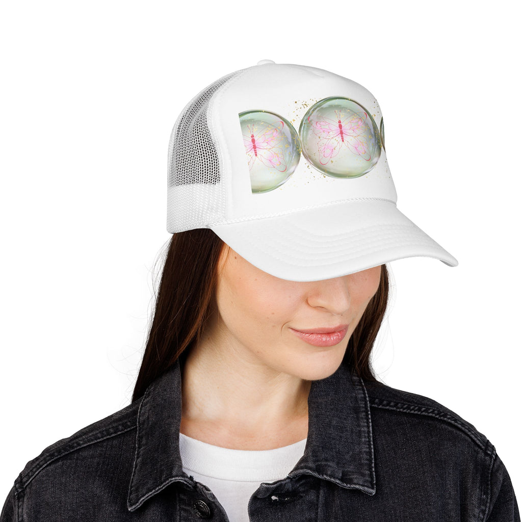 Pink Trucker Hat with Pastel Mushroom Moon Design