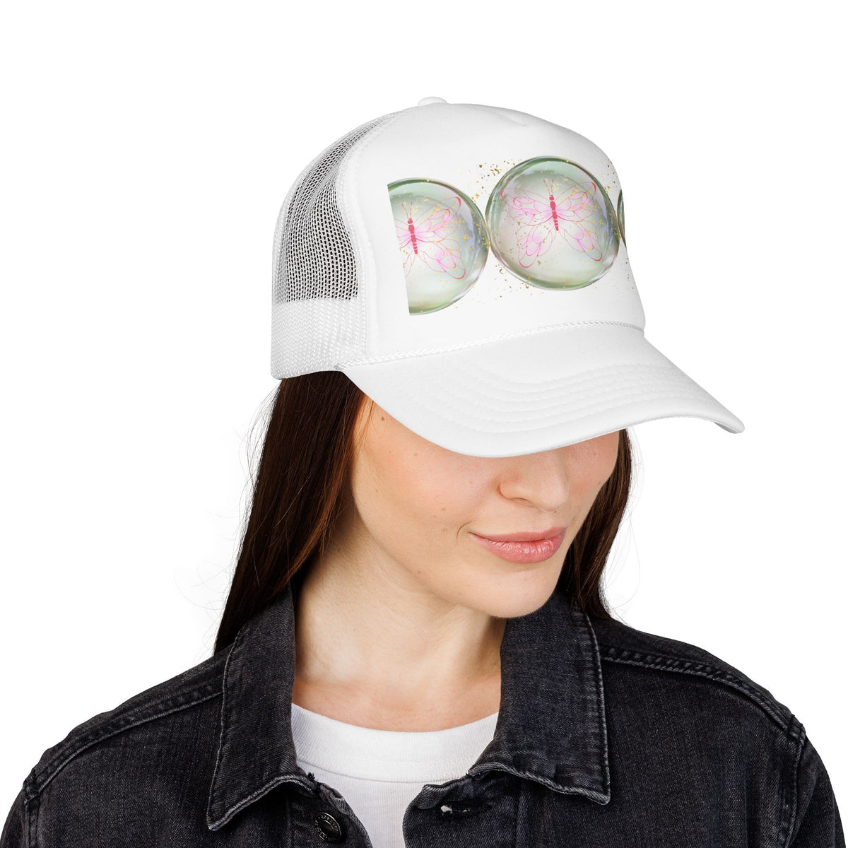 Pink Trucker Hat with Pastel Mushroom Moon Design