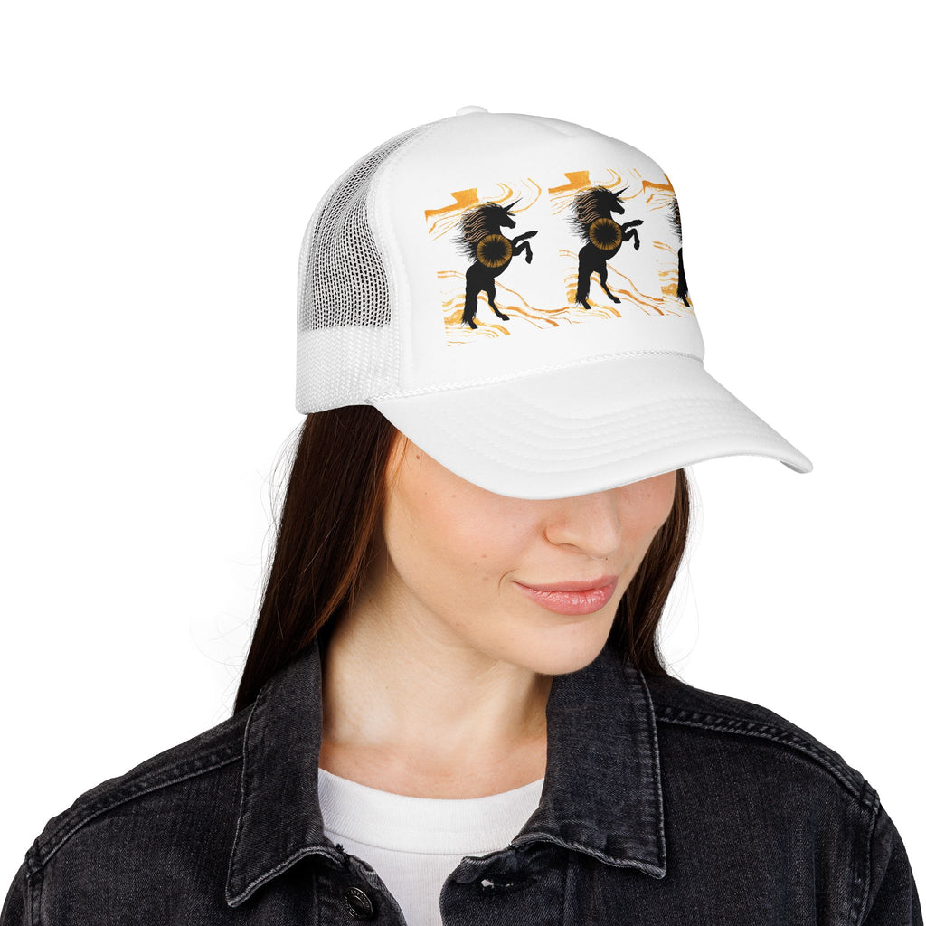 Black Foam Trucker Hat with Dancing Horse Print