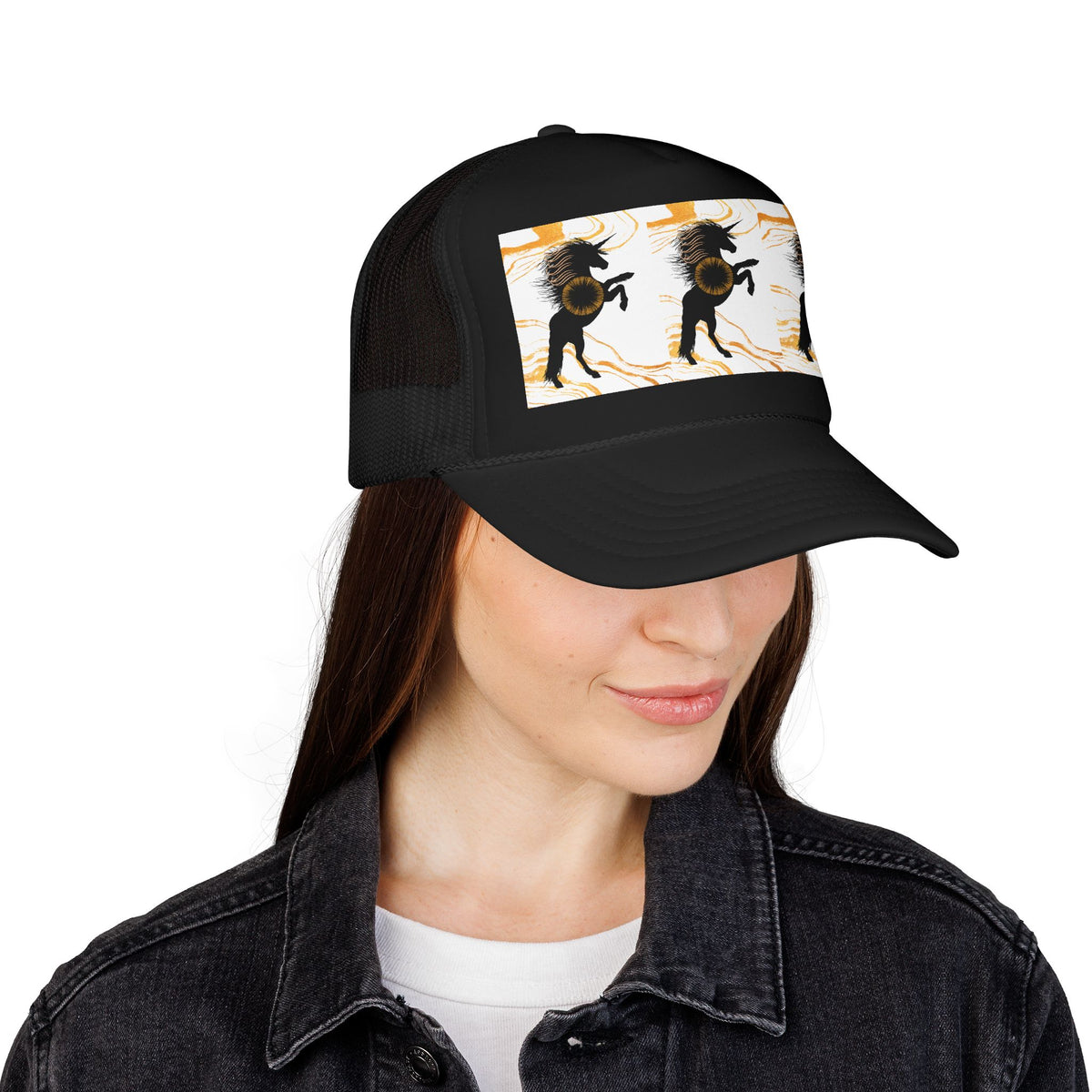 Black Foam Trucker Hat with Dancing Horse Print