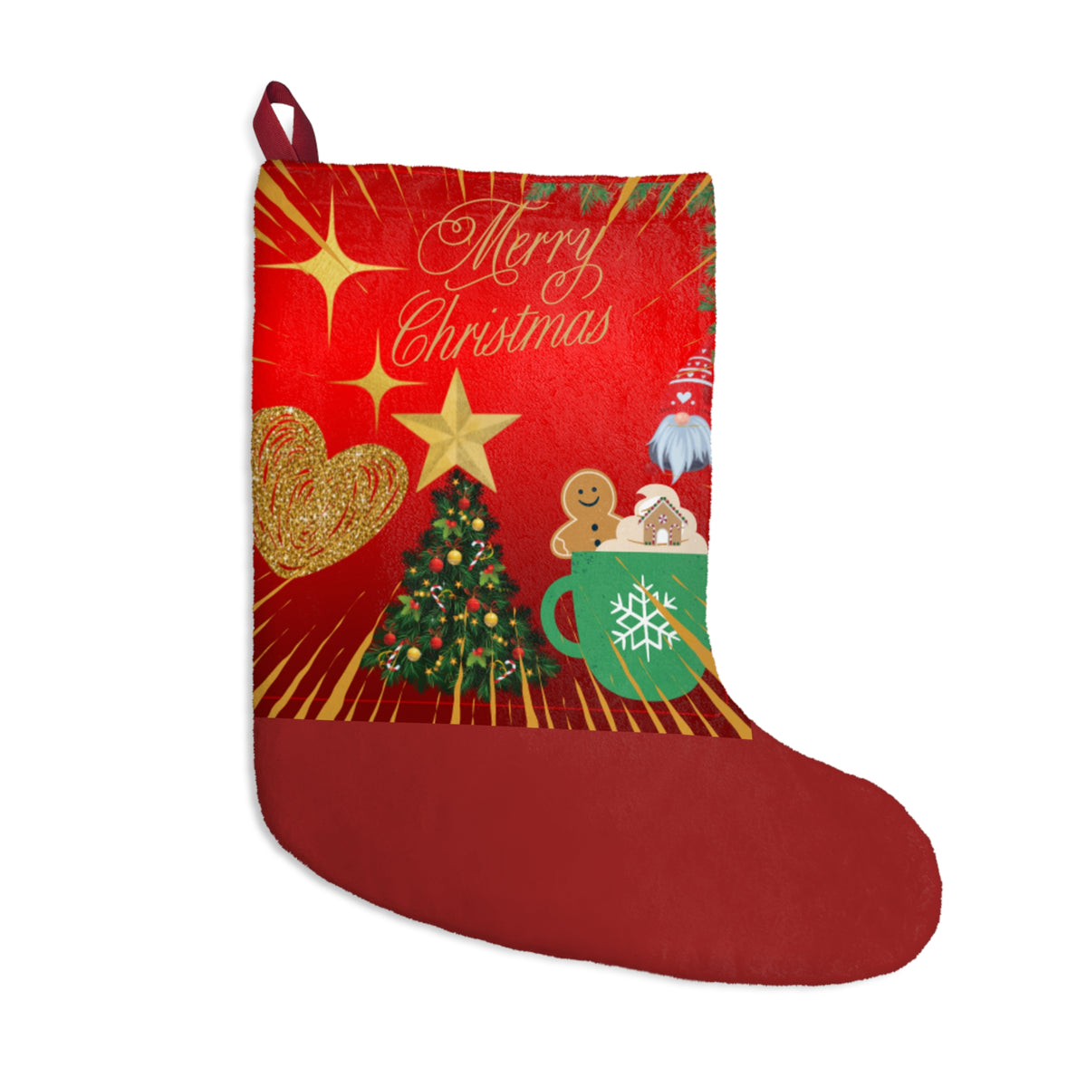 Merry Christmas Holiday Stocking with Christmas Tree and Gingerbread Design