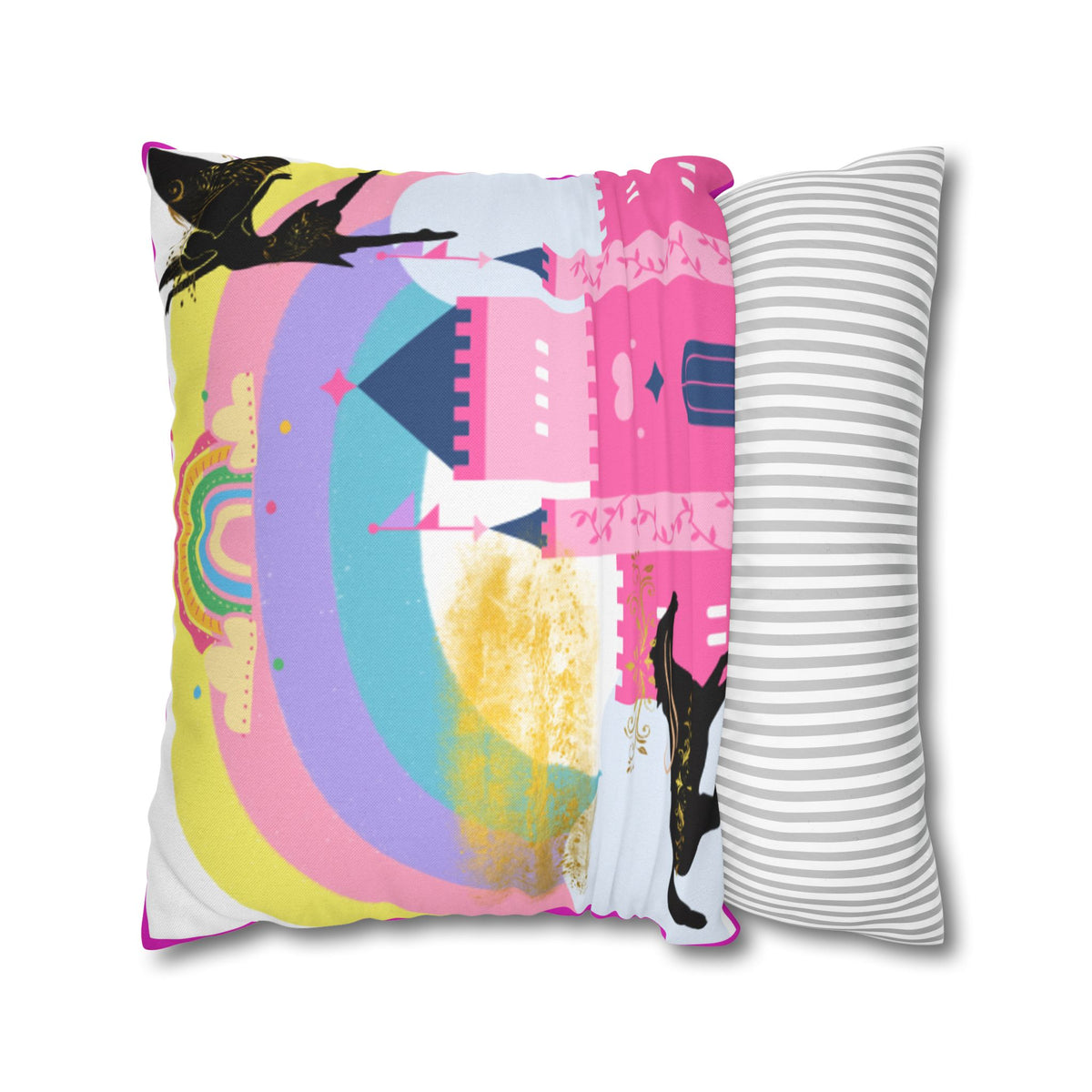 Pink Fantasy Castle Rainbow Square Pillow