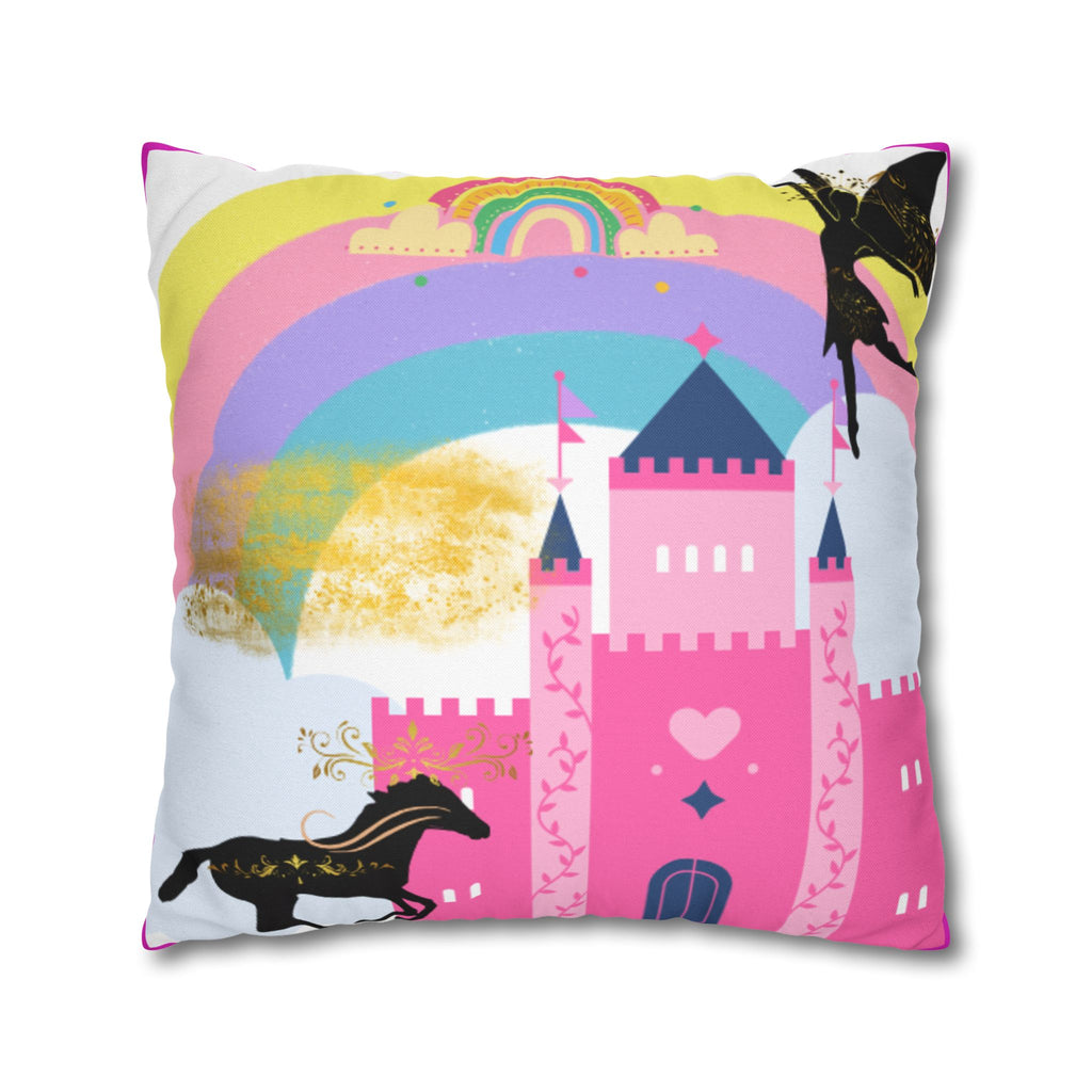 Pink Fantasy Castle Rainbow Square Pillow