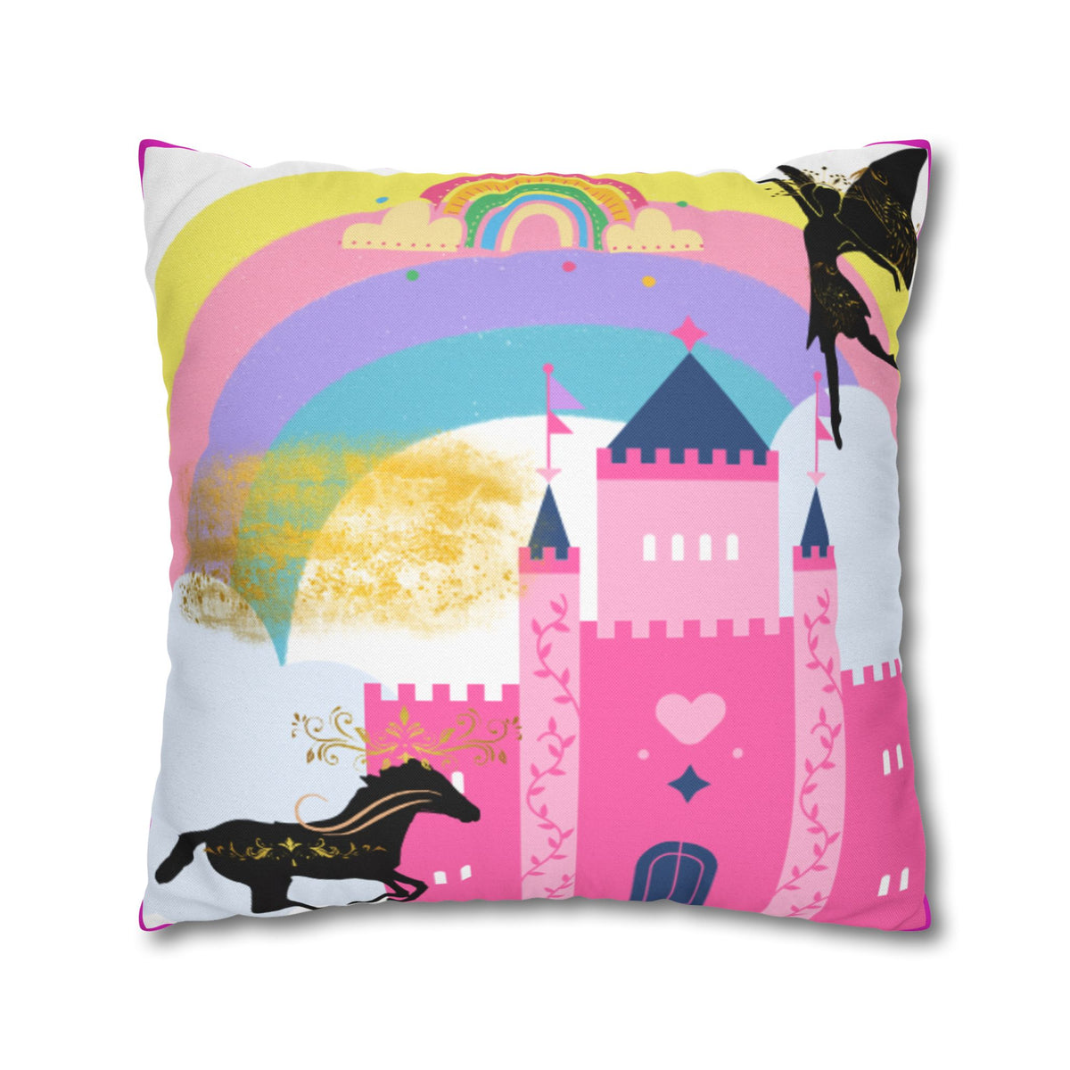 Pink Fantasy Castle Rainbow Square Pillow
