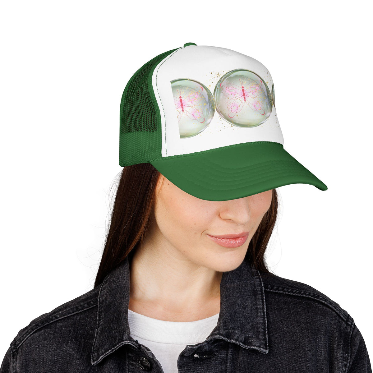 Pink Trucker Hat with Pastel Mushroom Moon Design