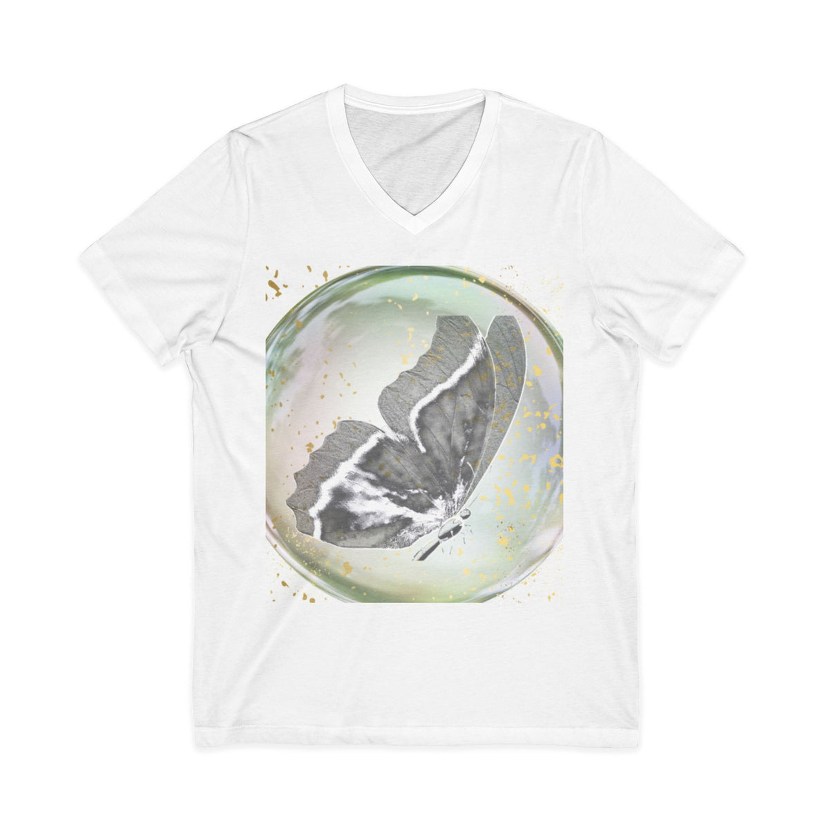 Butterfly Orb V-Neck Tee — Ethereal Black & White Butterfly Graphic
