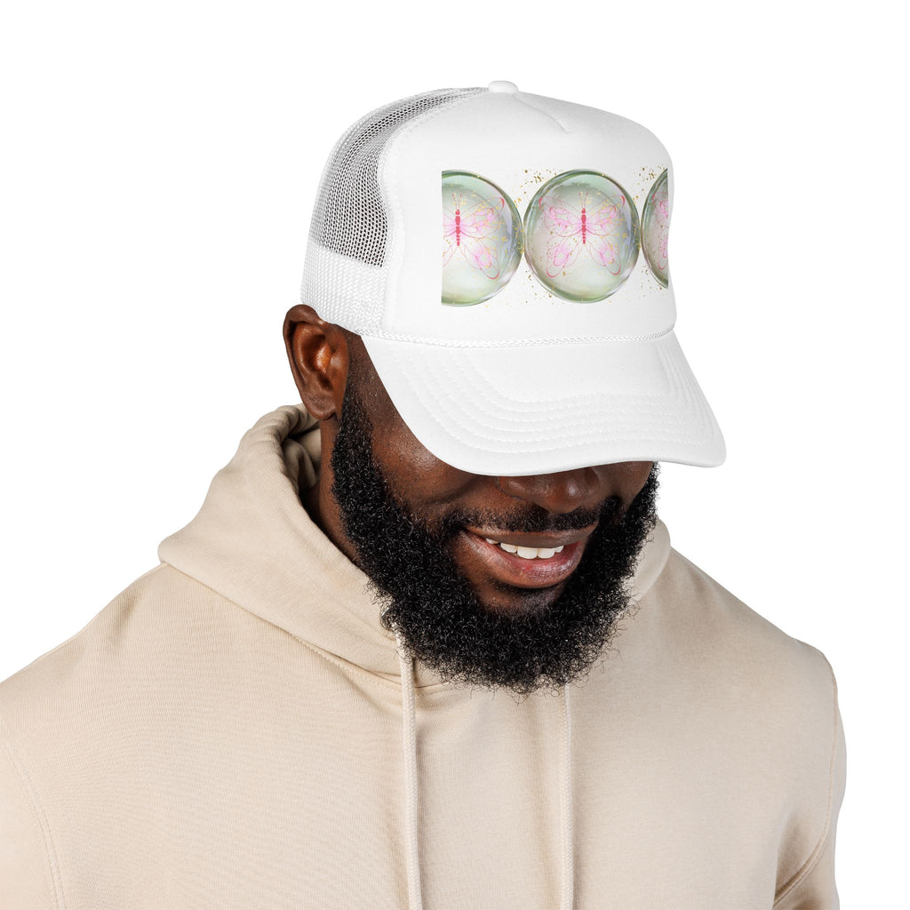 Pink Trucker Hat with Pastel Mushroom Moon Design