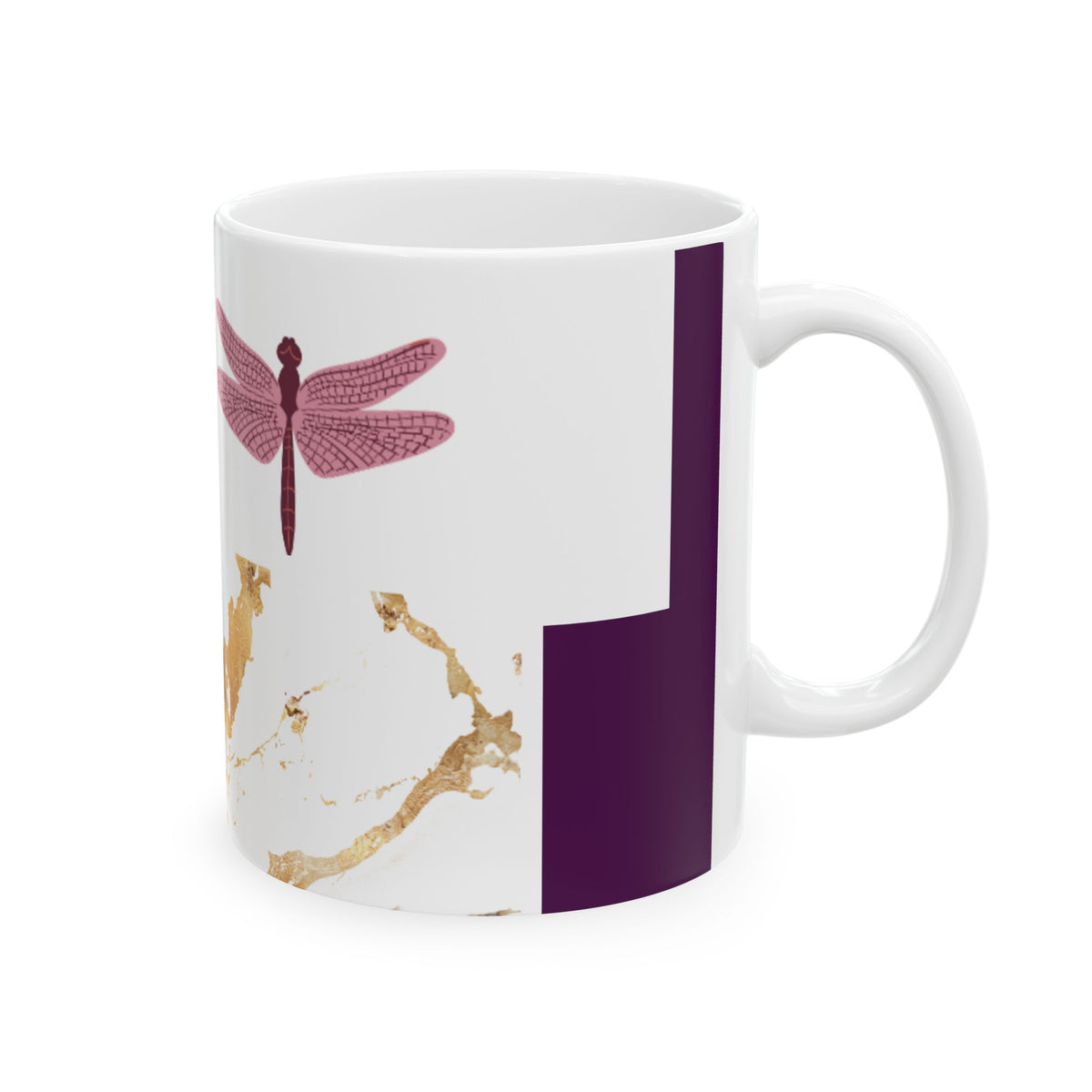 Dragonfly Marble Ceramic Mug — Pink Dragonflies & Gold Marble Accent (11oz/15oz)